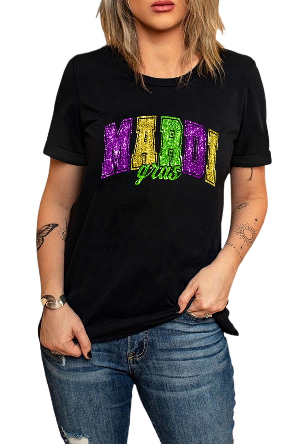 Women's Black Mardi Gras Heat Transfer Graphic Holiday Tee - Sparkling Carnival Design - Main View Women's Black Mardi Gras Heat Transfer Graphic Holiday Tee - Sparkling Carnival Design - Main View