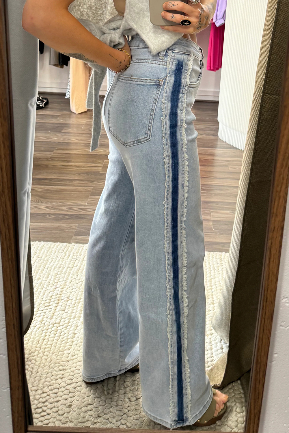 Southern Belle Style Shift Jeans for Women – Frayed Side Panel in Beau Blue - Detail View 2 Southern Belle Style Shift Jeans for Women – Frayed Side Panel in Beau Blue - Detail View 2