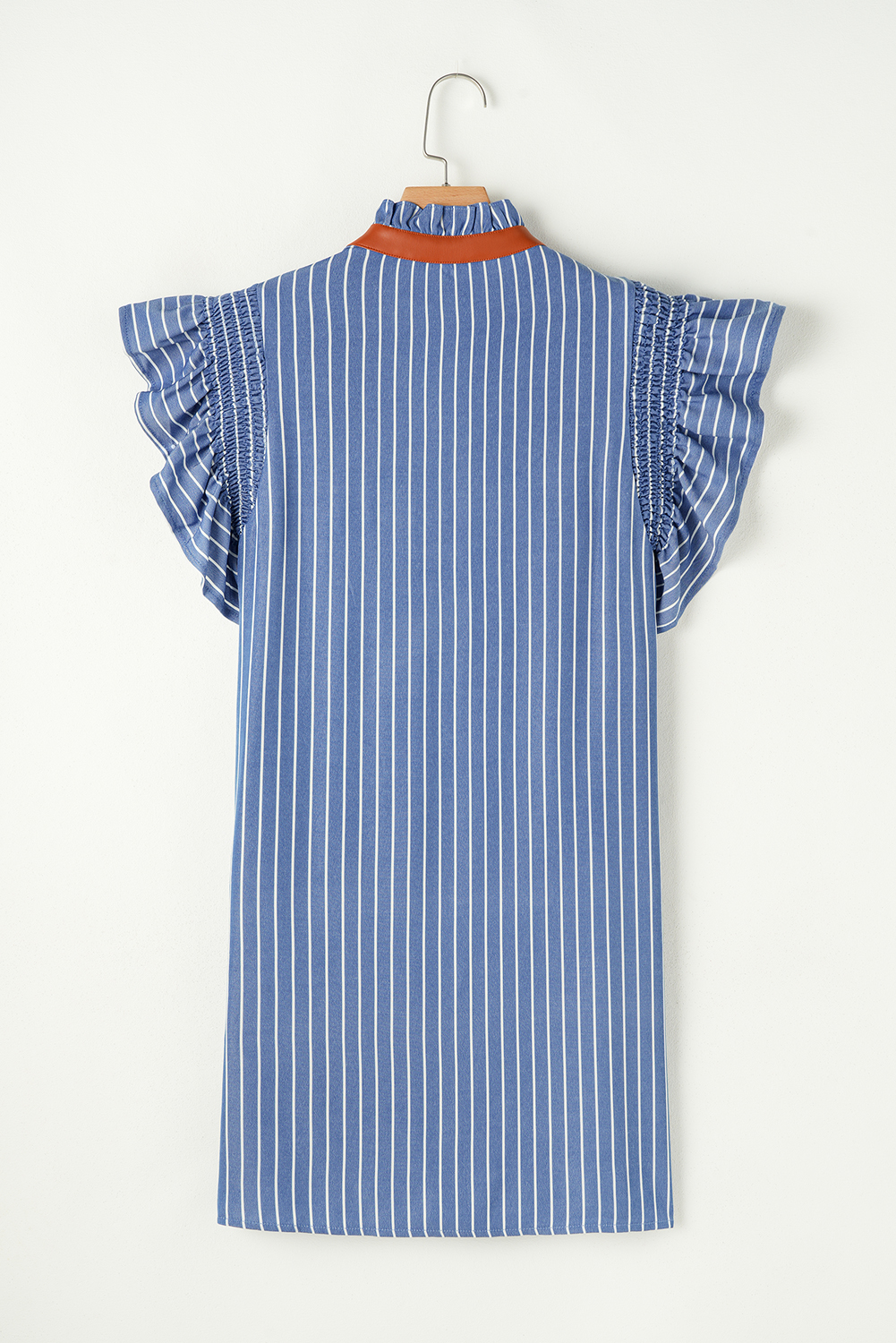Women's Sky Blue Stripe Frilly Split Neck Shirred Ruffle Sleeve Mini Dress - Detail View 9 Women's Sky Blue Stripe Frilly Split Neck Shirred Ruffle Sleeve Mini Dress - Detail View 9