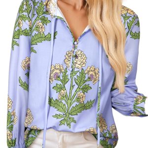 Women's Sky Blue Floral Print Long Puff Sleeve Blouse with Tie Neck - Main View