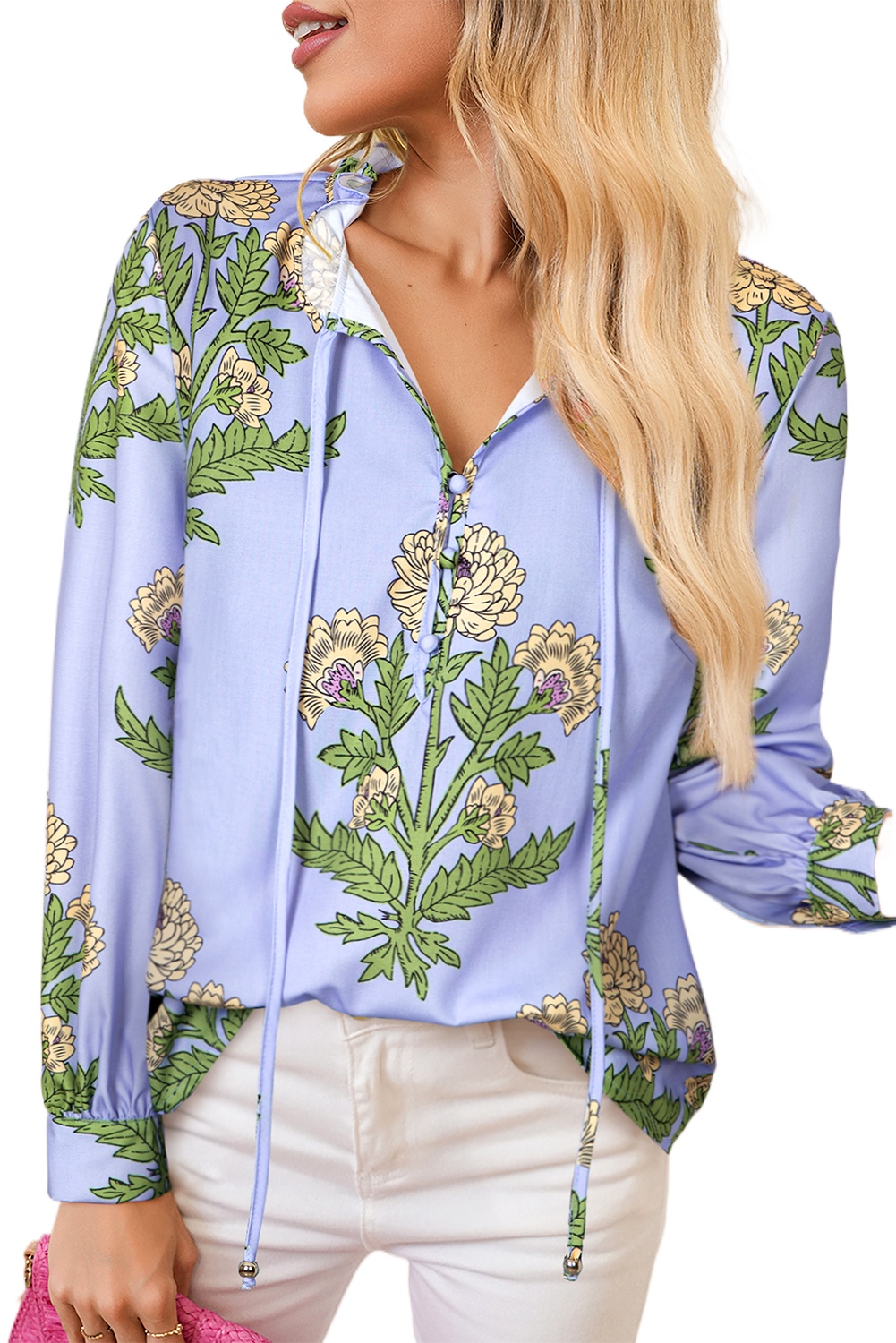 Women's Sky Blue Floral Print Long Puff Sleeve Blouse with Tie Neck - Main View Women's Sky Blue Floral Print Long Puff Sleeve Blouse with Tie Neck - Main View