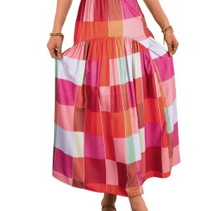 Women's Plaid Maxi Skirt, Vibrant High Waisted Boho Bottom - Main View