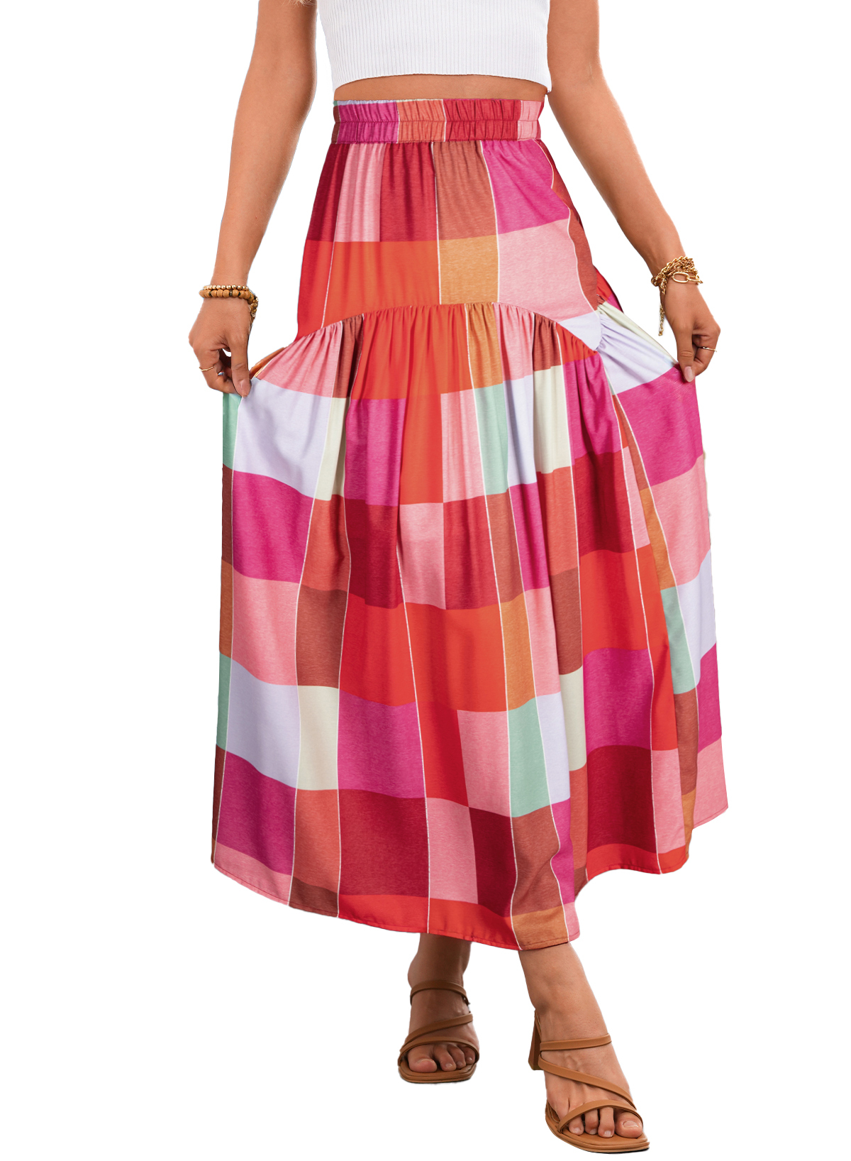 Women's Plaid Maxi Skirt, Vibrant High Waisted Boho Bottom - Main View Women's Plaid Maxi Skirt, Vibrant High Waisted Boho Bottom - Main View
