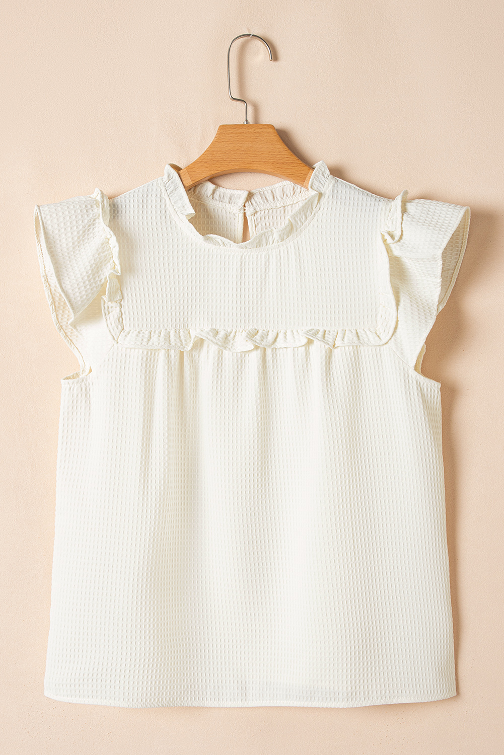 Chic White Waffle Knit Top with Frilled Neck Design - Summer Essential - Detail View 3 Chic White Waffle Knit Top with Frilled Neck Design - Summer Essential - Detail View 3