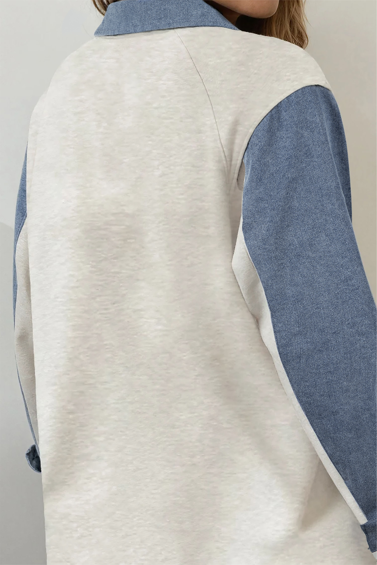 Stylish Light Grey Denim Patchwork Top with Buttoned Polo Collar – Perfect for Autumn Days - Detail View 2 Stylish Light Grey Denim Patchwork Top with Buttoned Polo Collar – Perfect for Autumn Days - Detail View 2