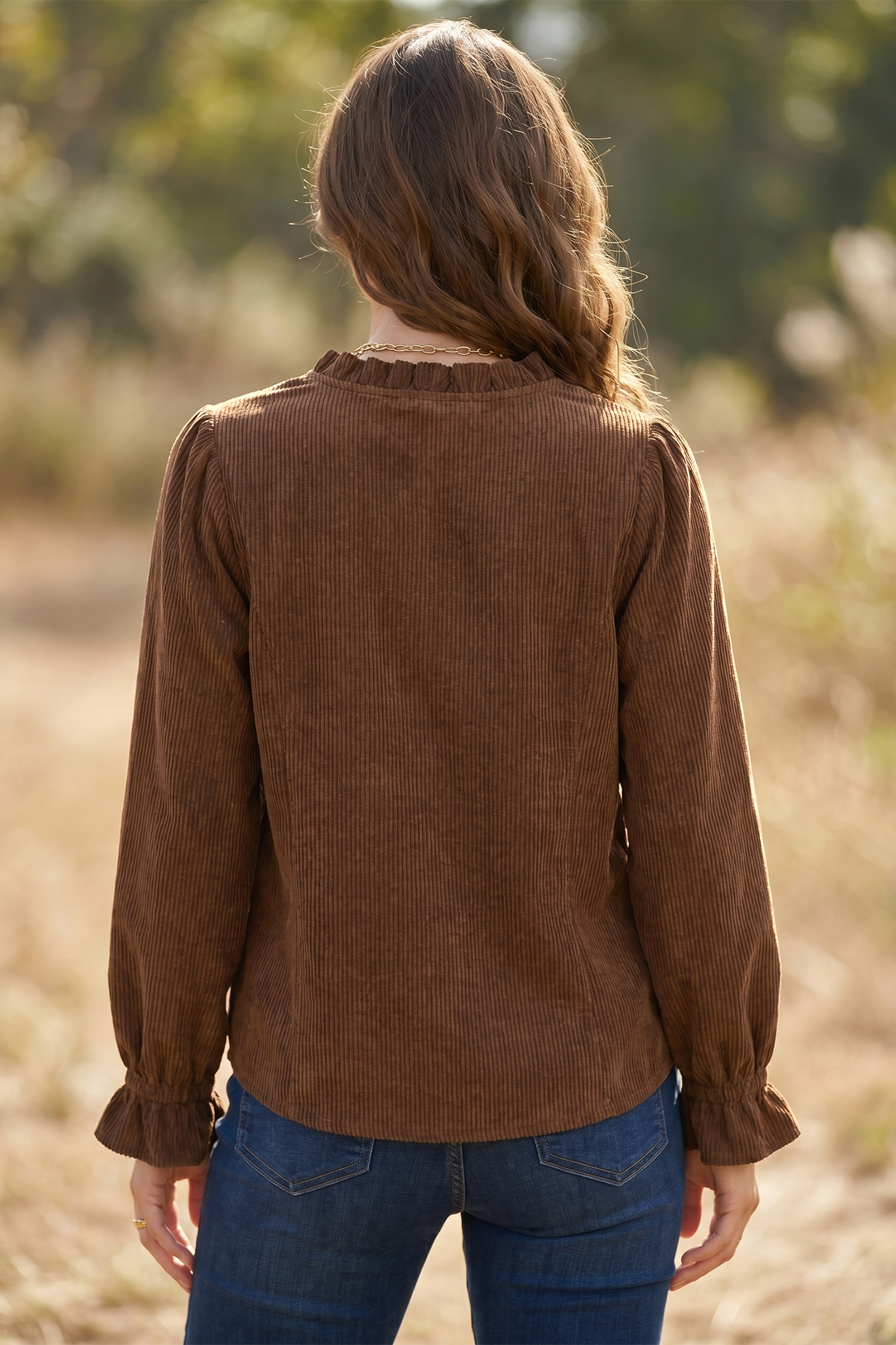 Casual Coffee Brown Corduroy Top – Women's Button-Down Shirt - Detail View 2 Casual Coffee Brown Corduroy Top – Women's Button-Down Shirt - Detail View 2