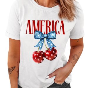 Women's White AMERICA Bow Cherry Print Crewneck Graphic T-Shirt for July 4th - Main View