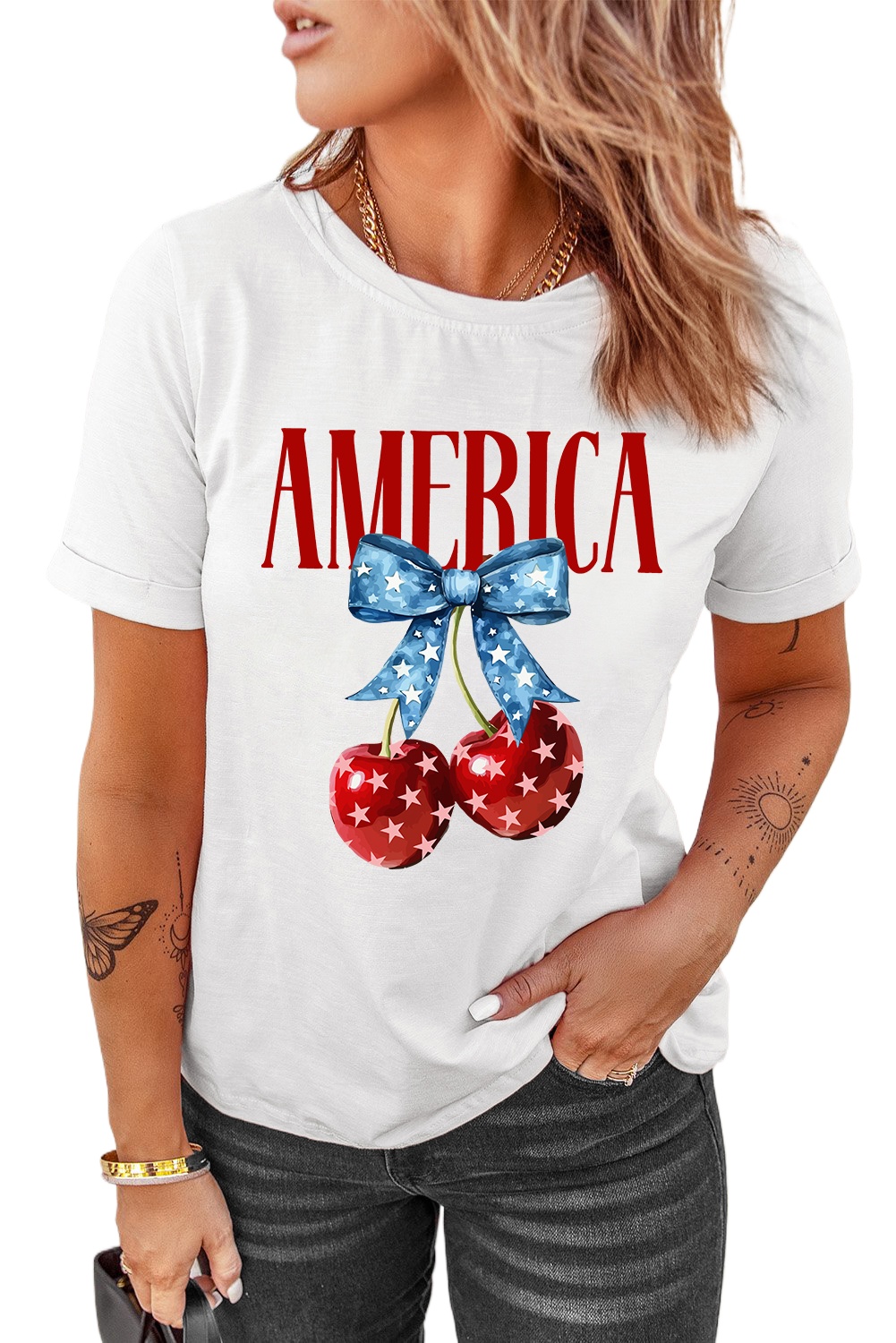 Women's White AMERICA Bow Cherry Print Crewneck Graphic T-Shirt for July 4th - Main View Women's White AMERICA Bow Cherry Print Crewneck Graphic T-Shirt for July 4th - Main View