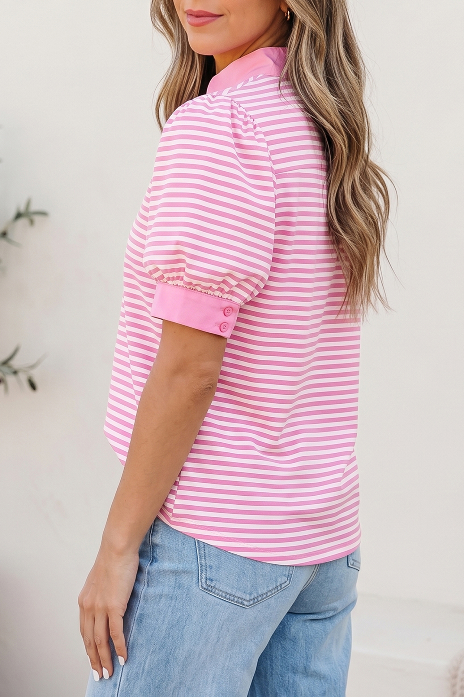 Women's Colorblock Striped Blouse – V-Neck Casual Summer Top - Detail View 3 Women's Colorblock Striped Blouse – V-Neck Casual Summer Top - Detail View 3