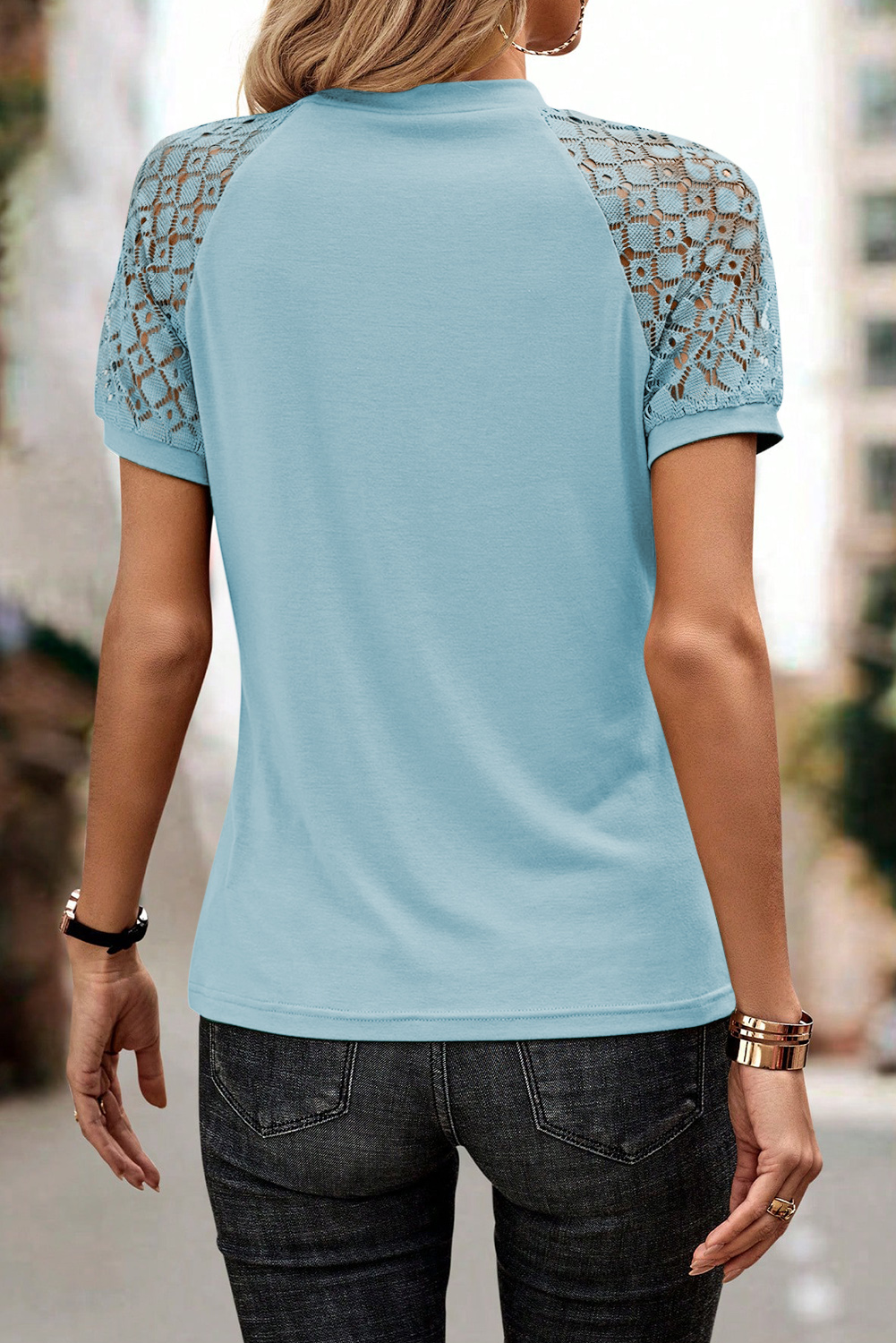 Chic Mist Blue Contrast Lace Tee for Women – Stylish Raglan Sleeve Top for Summer Outings - Detail View 2 Chic Mist Blue Contrast Lace Tee for Women – Stylish Raglan Sleeve Top for Summer Outings - Detail View 2