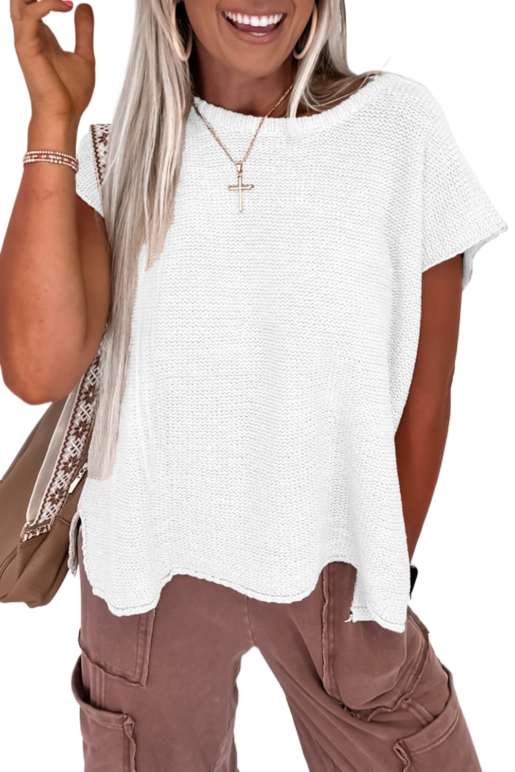 Stylish Jet Stream Solid Color Sweater Tee with Side Slits for Women - Main View Stylish Jet Stream Solid Color Sweater Tee with Side Slits for Women - Main View