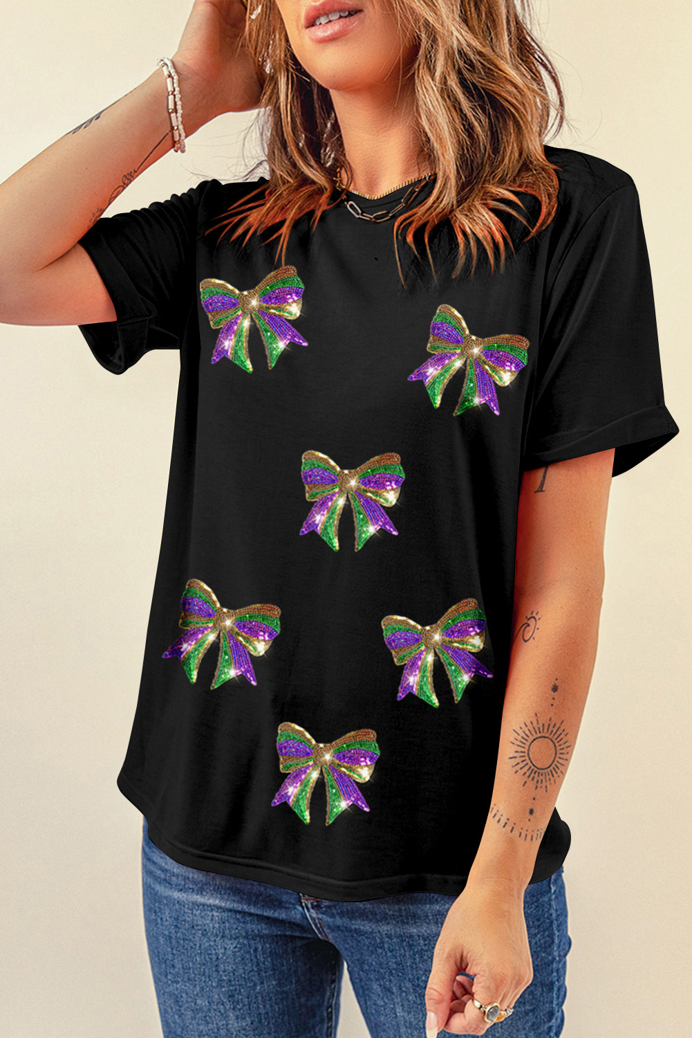 Women's Graphic Tee, Black T-Shirt, Sequin Details, Mardi Gras, Bow Graphic, Casual Style, Short Sleeve, Comfortable Fit, Round Neck, Everyday Wear, Sparkling Design, Tops, Shift Silhouette - Detail View 4 Women's Graphic Tee, Black T-Shirt, Sequin Details, Mardi Gras, Bow Graphic, Casual Style, Short Sleeve, Comfortable Fit, Round Neck, Everyday Wear, Sparkling Design, Tops, Shift Silhouette - Detail View 4