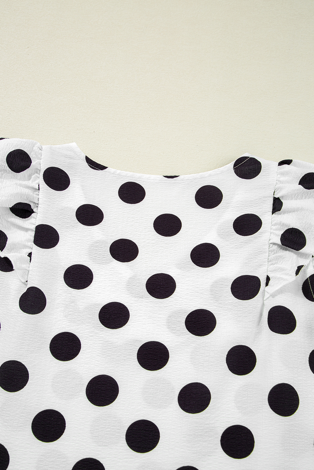 Women's White Polka Dot Print Ruffled Sleeve V Neck Blouse - Chic & Trendy - Detail View 9 Women's White Polka Dot Print Ruffled Sleeve V Neck Blouse - Chic & Trendy - Detail View 9