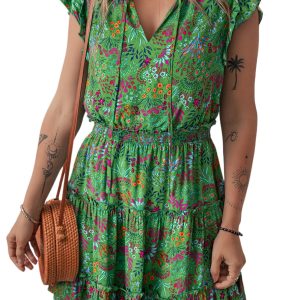Women's Vibrant Green Floral Tie Split Neck Ruffled Tiered Short Dress - Main View