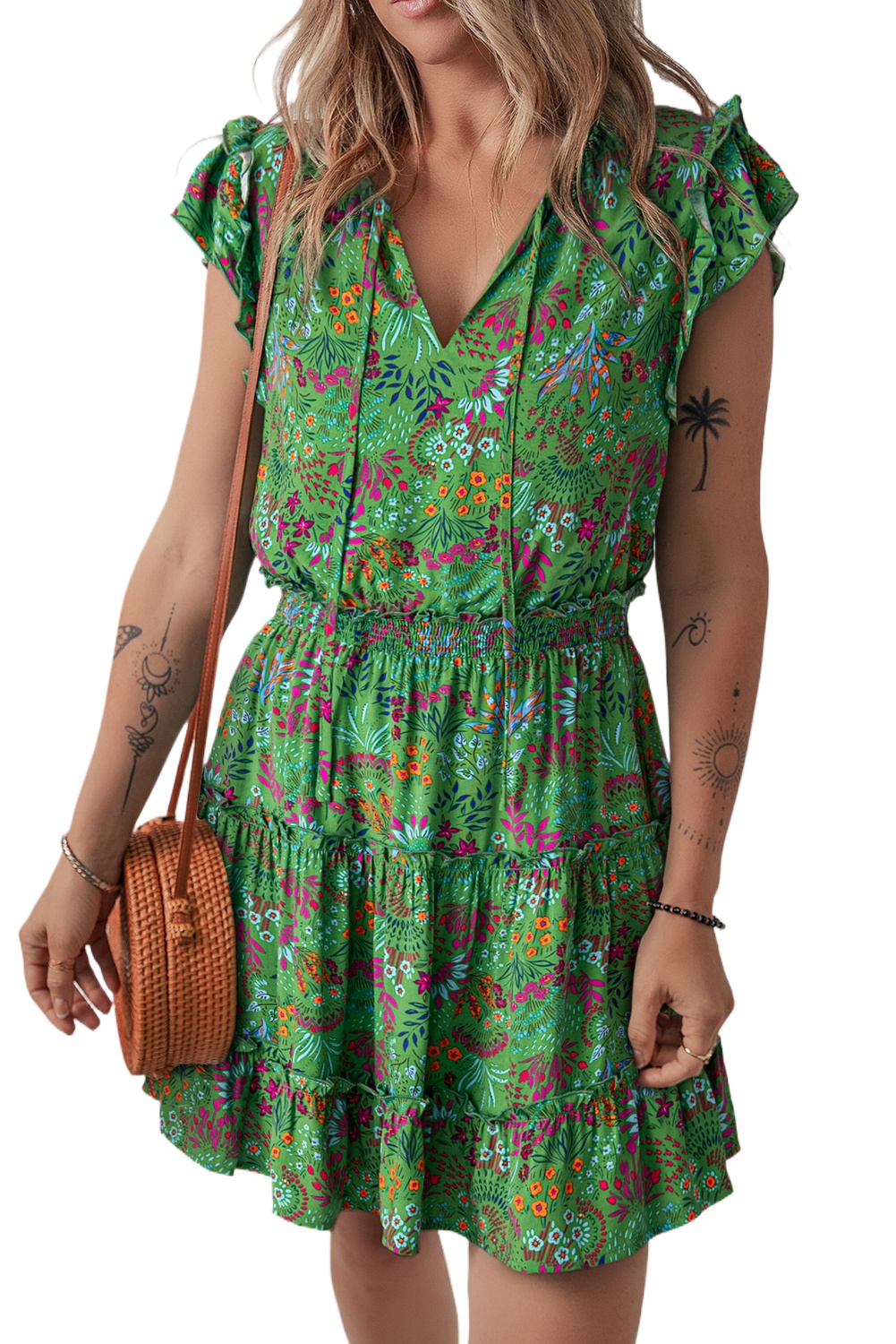 Women's Vibrant Green Floral Tie Split Neck Ruffled Tiered Short Dress - Main View Women's Vibrant Green Floral Tie Split Neck Ruffled Tiered Short Dress - Main View