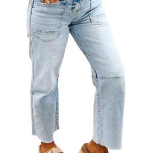 Beau Blue Frayed Cropped Straight Jeans for Women – Casual Denim with Trendy Patchwork Details - Main View