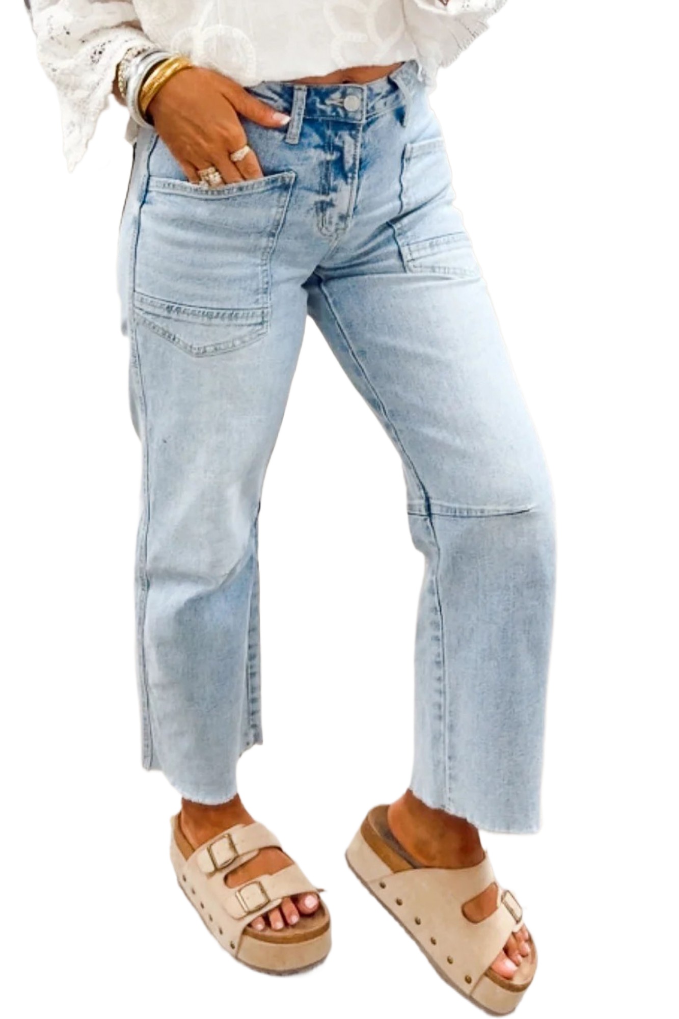Beau Blue Frayed Cropped Straight Jeans for Women – Casual Denim with Trendy Patchwork Details - Main View Beau Blue Frayed Cropped Straight Jeans for Women – Casual Denim with Trendy Patchwork Details - Main View