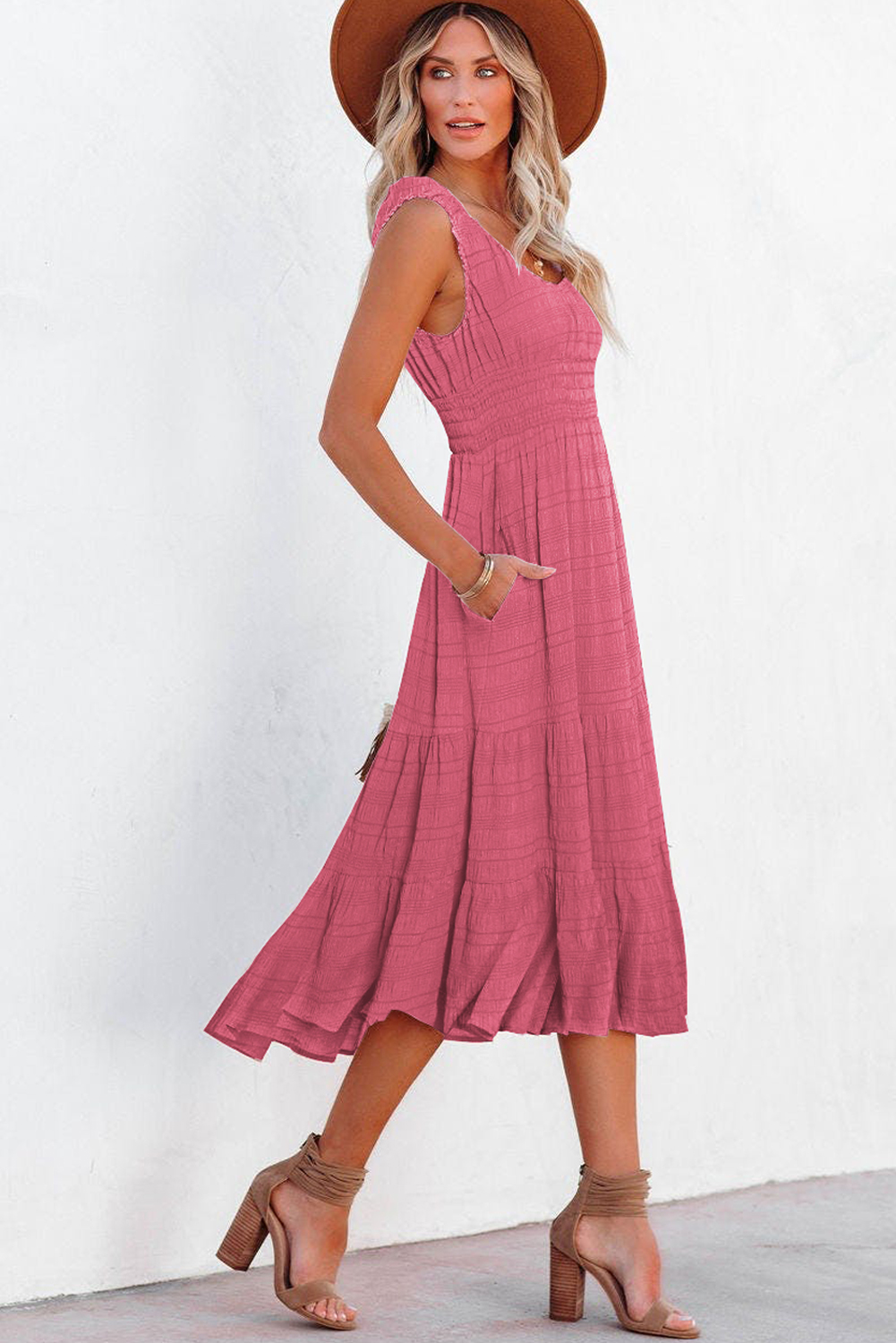 Rose Sleeveless Midi Dress for Women – Shirred High Waist Sun Dress with Ruffle Straps and Pockets, Versatile Summer A-Line Outfit - Detail View 3 Rose Sleeveless Midi Dress for Women – Shirred High Waist Sun Dress with Ruffle Straps and Pockets, Versatile Summer A-Line Outfit - Detail View 3