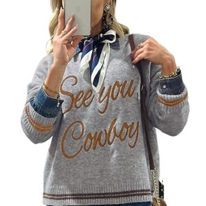 Women's Light Grey Western Graphic Sweater with 'See You Cowboy' Embroidery - Main View