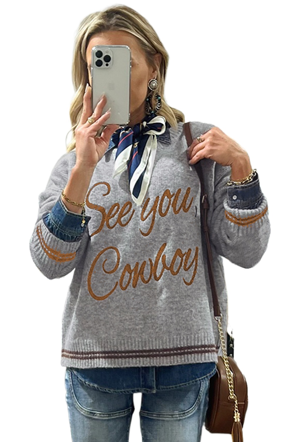 Women's Light Grey Western Graphic Sweater with 'See You Cowboy' Embroidery - Main View Women's Light Grey Western Graphic Sweater with 'See You Cowboy' Embroidery - Main View