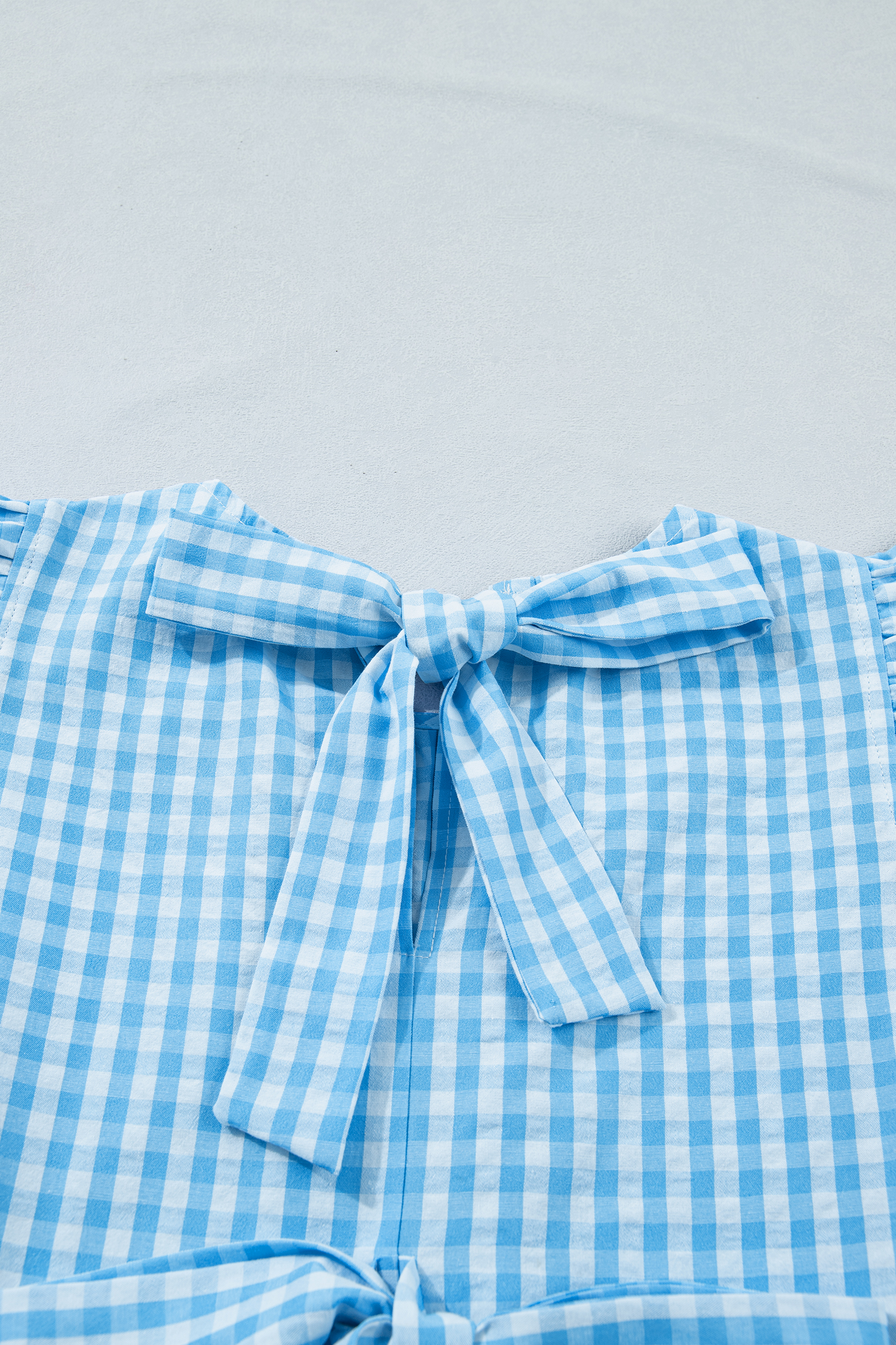 Women's Sky Blue Gingham Maxi Dress – Ruffled Short Sleeve, Casual Beach & Vacation Style - Detail View 7 Women's Sky Blue Gingham Maxi Dress – Ruffled Short Sleeve, Casual Beach & Vacation Style - Detail View 7