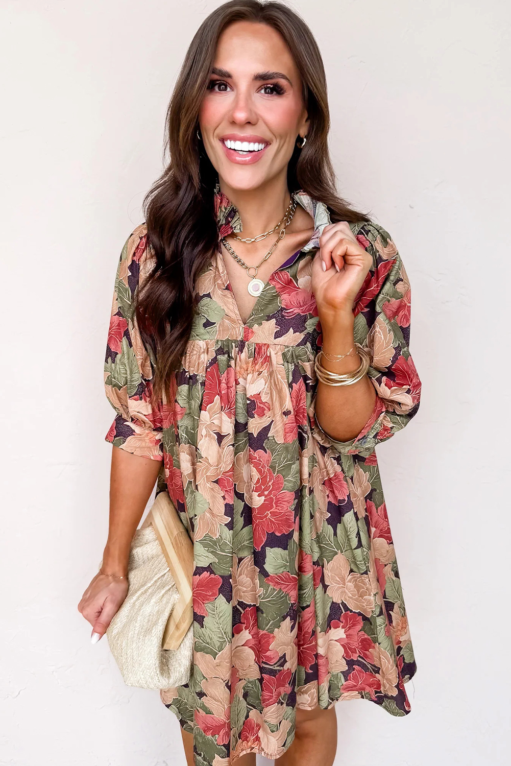 Women's Green Floral Print Mini Dress with Frilled Collar – Casual Summer Style - Detail View 10 Women's Green Floral Print Mini Dress with Frilled Collar – Casual Summer Style - Detail View 10