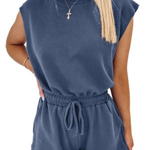 Women's Ashleigh Blue Knit Open Back Cap Sleeve Drawstring Romper for Casual Summer Style - Main View