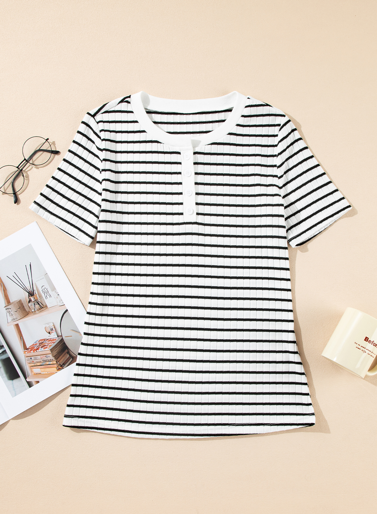 Stylish and Comfortable Striped Henley T-Shirt for Women - Breezy Short Sleeves - Detail View 10 Stylish and Comfortable Striped Henley T-Shirt for Women - Breezy Short Sleeves - Detail View 10