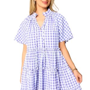 Women's Lavendula Plaid Ruffle Wide Short Sleeve Babydoll Mini Dress - Main View