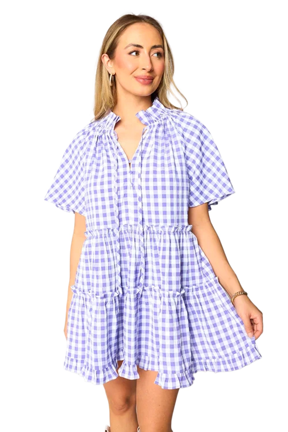 Women's Lavendula Plaid Ruffle Wide Short Sleeve Babydoll Mini Dress - Main View Women's Lavendula Plaid Ruffle Wide Short Sleeve Babydoll Mini Dress - Main View