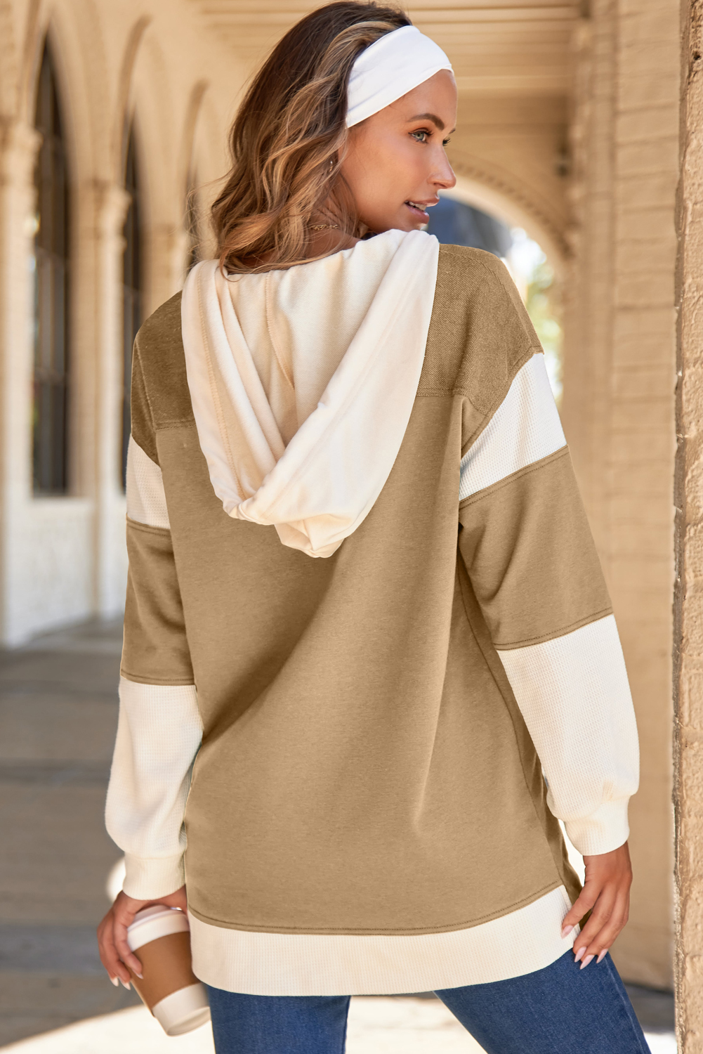 Casual Women's Color Block Patchwork Hoodie in Light French Beige for Fall Days - Detail View 2 Casual Women's Color Block Patchwork Hoodie in Light French Beige for Fall Days - Detail View 2