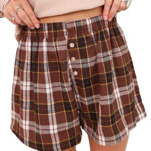 Women's Brown Plaid Shorts – High Waist Casual Shorts - Main View