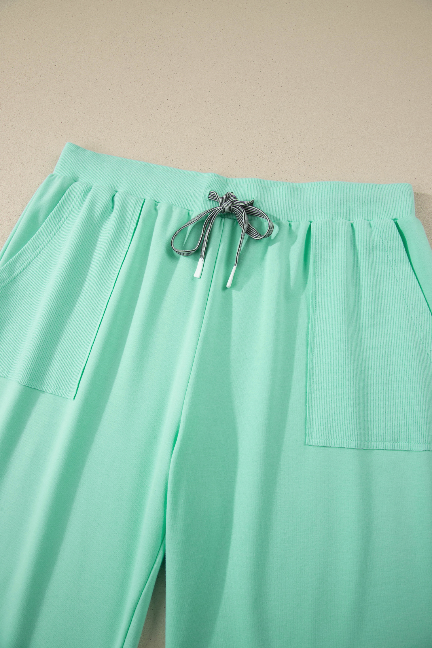 Casual Solid Color Outfits for Women – Mint Green V-Neck Top and Drawstring Jogger Pants Set - Detail View 8 Casual Solid Color Outfits for Women – Mint Green V-Neck Top and Drawstring Jogger Pants Set - Detail View 8
