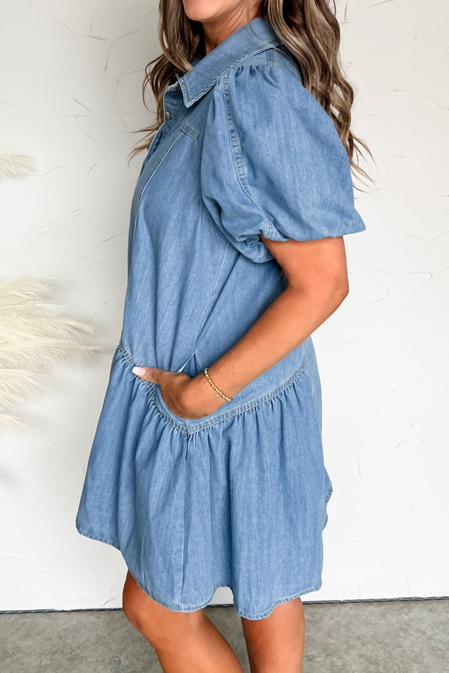Beau Blue Patchwork Denim Dress – Short Sleeve Ruffle Hem Dress for Daily Wear - Detail View 3 Beau Blue Patchwork Denim Dress – Short Sleeve Ruffle Hem Dress for Daily Wear - Detail View 3