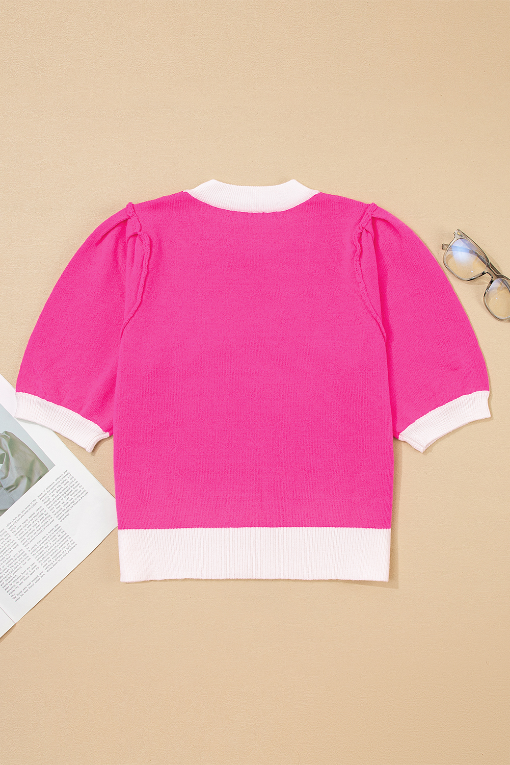 Valentine's Pink Contrast Trim Puff Sleeve Sweater for Women - Detail View 5 Valentine's Pink Contrast Trim Puff Sleeve Sweater for Women - Detail View 5