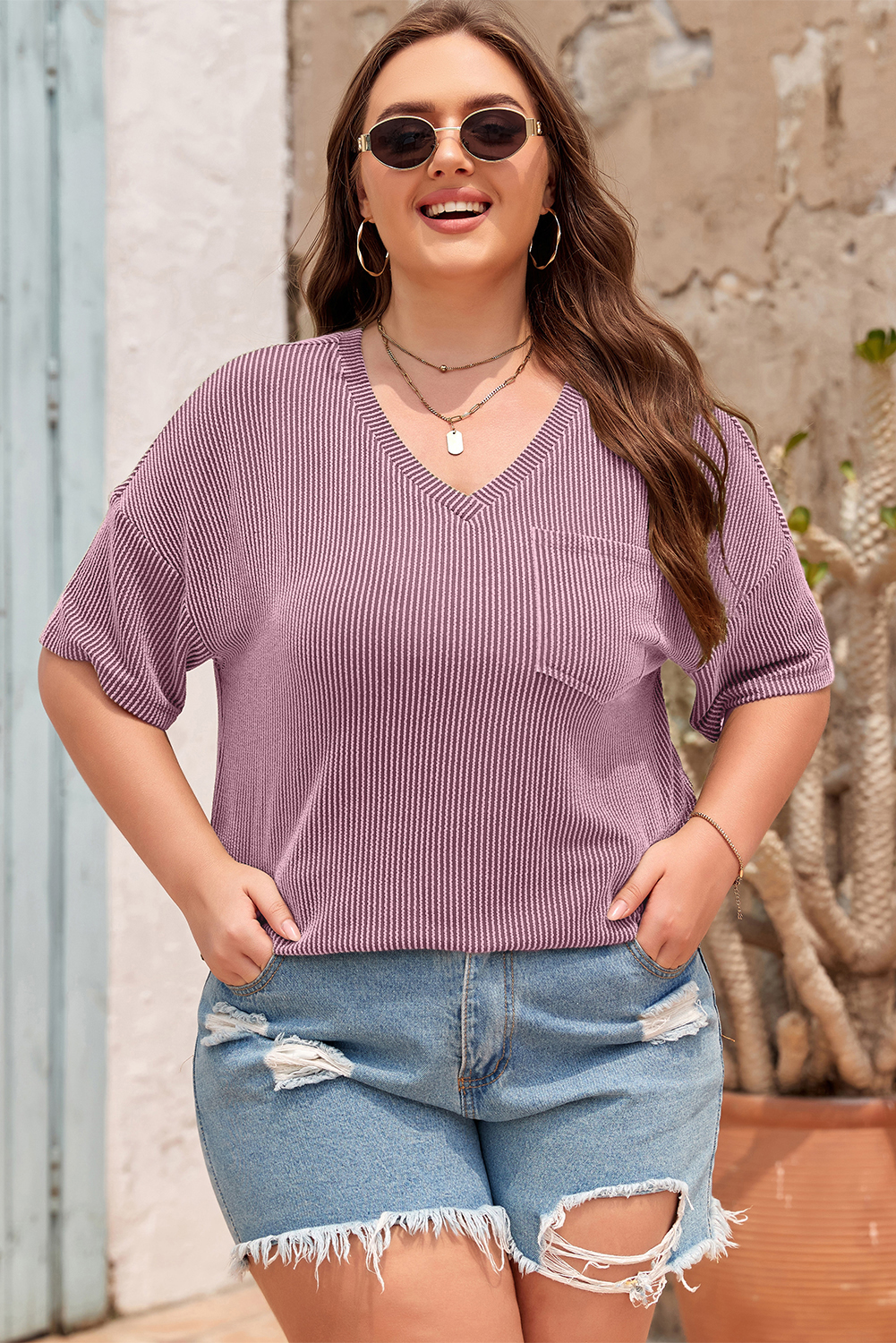 Valerian Textured V-Neck Plus T-Shirt for Women – Effortless Style for Daily Wear - Detail View 5 Valerian Textured V-Neck Plus T-Shirt for Women – Effortless Style for Daily Wear - Detail View 5