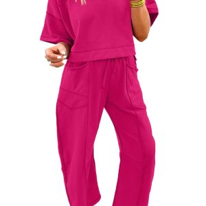 Women's Rose Red Boxy Tee and Barrel Pants Set – Casual Short Sleeve Summer Lounge Outfit - Main View