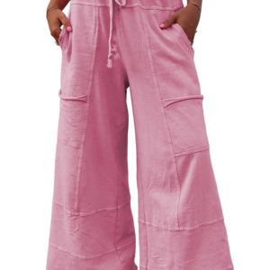 Women's Bonbon Mineral Wash High Waist Wide Leg Cargo Pants with Drawstring - Main View