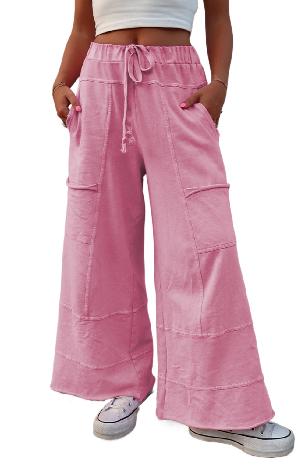 Women's Bonbon Mineral Wash High Waist Wide Leg Cargo Pants with Drawstring - Main View Women's Bonbon Mineral Wash High Waist Wide Leg Cargo Pants with Drawstring - Main View