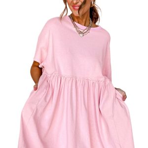 Women's Light Pink Solid Color Pocketed Raw Edge Babydoll Dress - Casual Summer Mini Dress - Main View