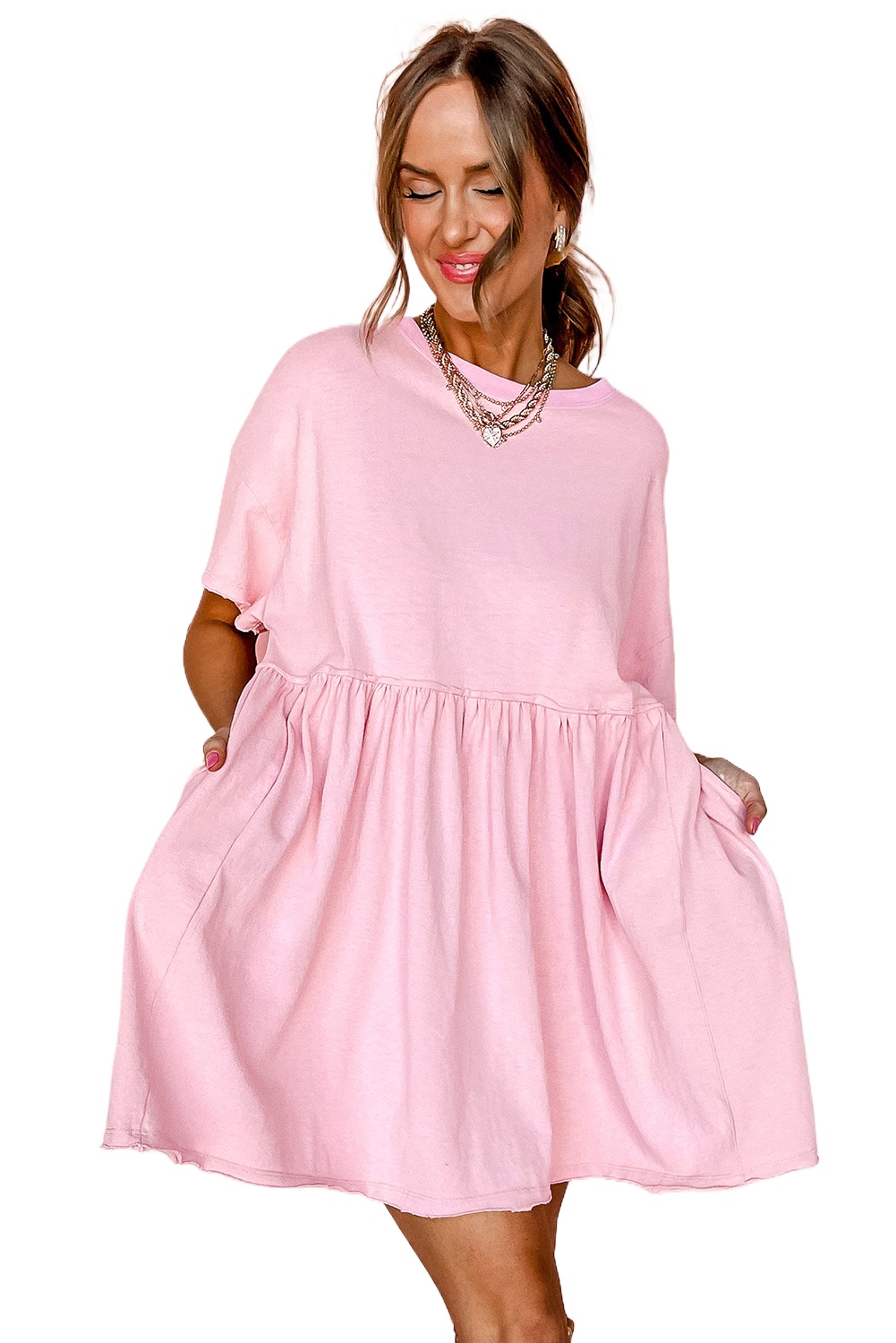 Women's Light Pink Solid Color Pocketed Raw Edge Babydoll Dress - Casual Summer Mini Dress - Main View Women's Light Pink Solid Color Pocketed Raw Edge Babydoll Dress - Casual Summer Mini Dress - Main View
