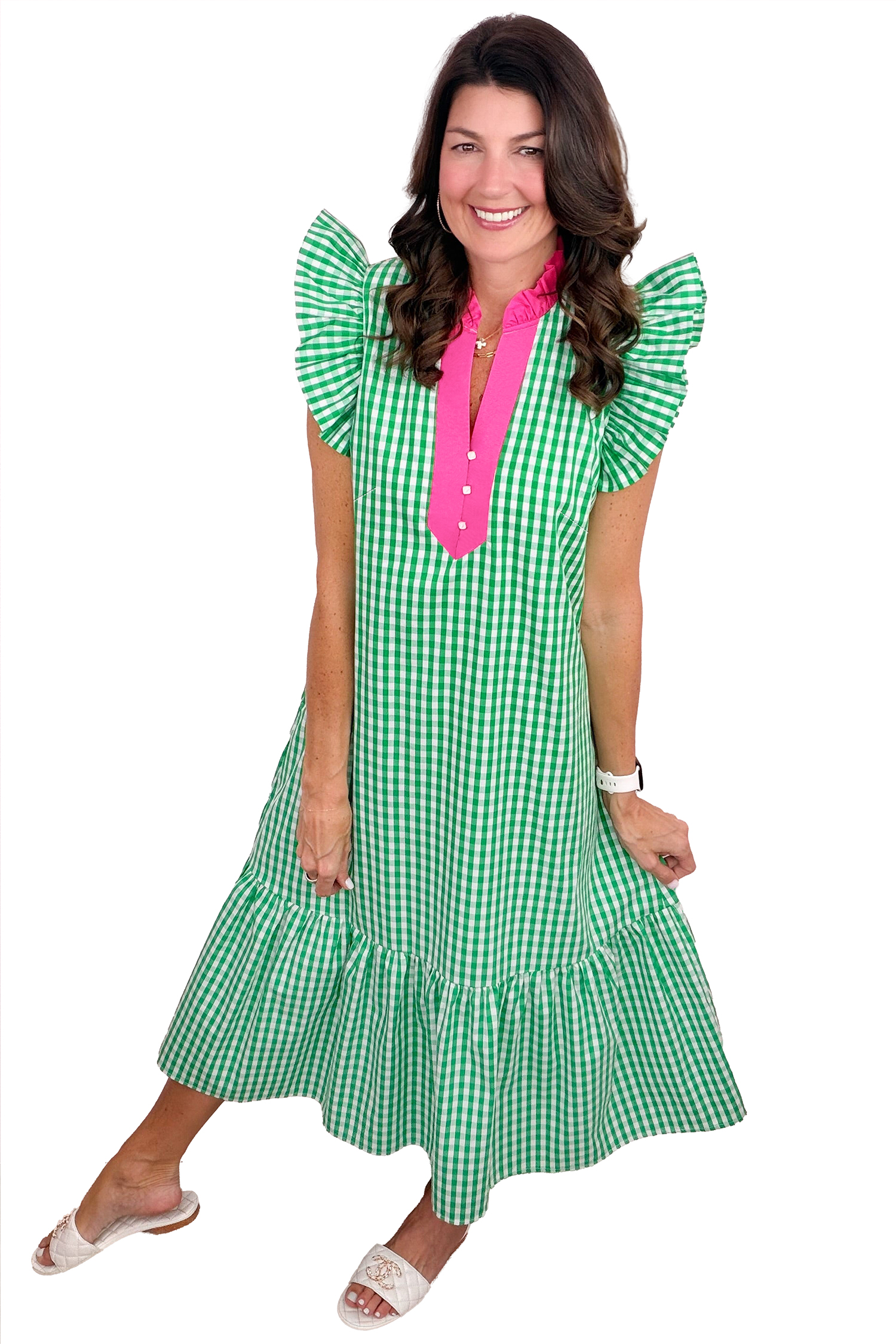 Women's Plaid Summer Dress – Casual Ruffle Midi Dress - Main View Women's Plaid Summer Dress – Casual Ruffle Midi Dress - Main View