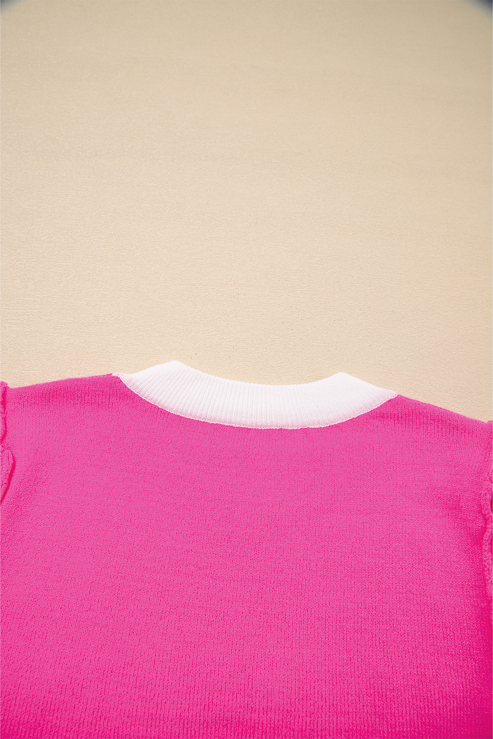 Women's Bright Pink XOXO Embroidered Crew Neck Sweater Tee for Daily Wear - Detail View 7 Women's Bright Pink XOXO Embroidered Crew Neck Sweater Tee for Daily Wear - Detail View 7