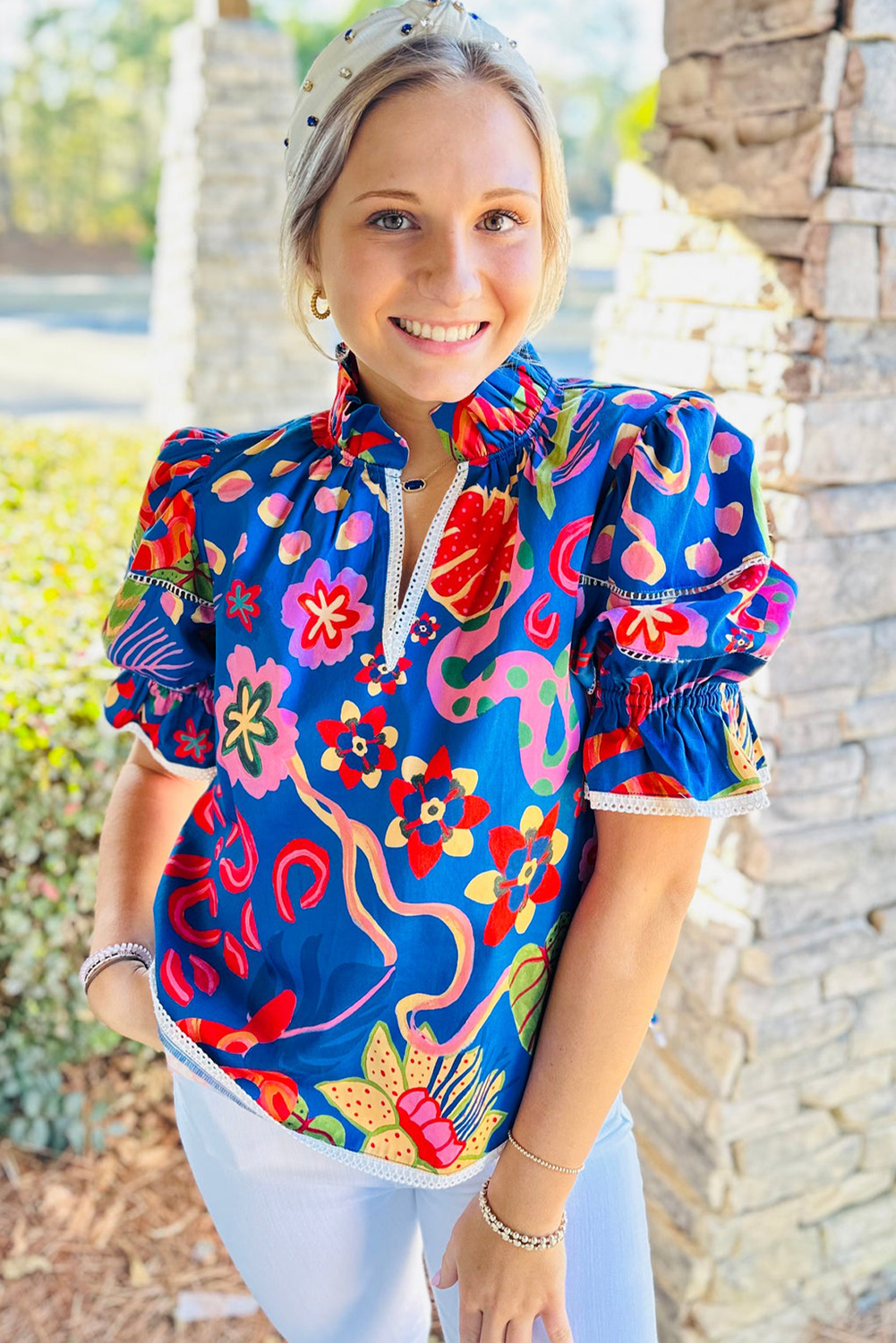 Women's Blouse, Blue Abstract Print, Frilled Collar, Ruffled Puff Sleeve, Elegant Style, Casual Top, Daily Wear, Lace Trim, Summer Fashion, Country Style, 100% Polyester, Shift Silhouette, Tops & Shirts - Detail View 4 Women's Blouse, Blue Abstract Print, Frilled Collar, Ruffled Puff Sleeve, Elegant Style, Casual Top, Daily Wear, Lace Trim, Summer Fashion, Country Style, 100% Polyester, Shift Silhouette, Tops & Shirts - Detail View 4
