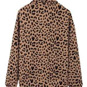 Women's Brown Leopard Print Quarter Zip Sweatshirt - Casual Fall Fashion - Main View