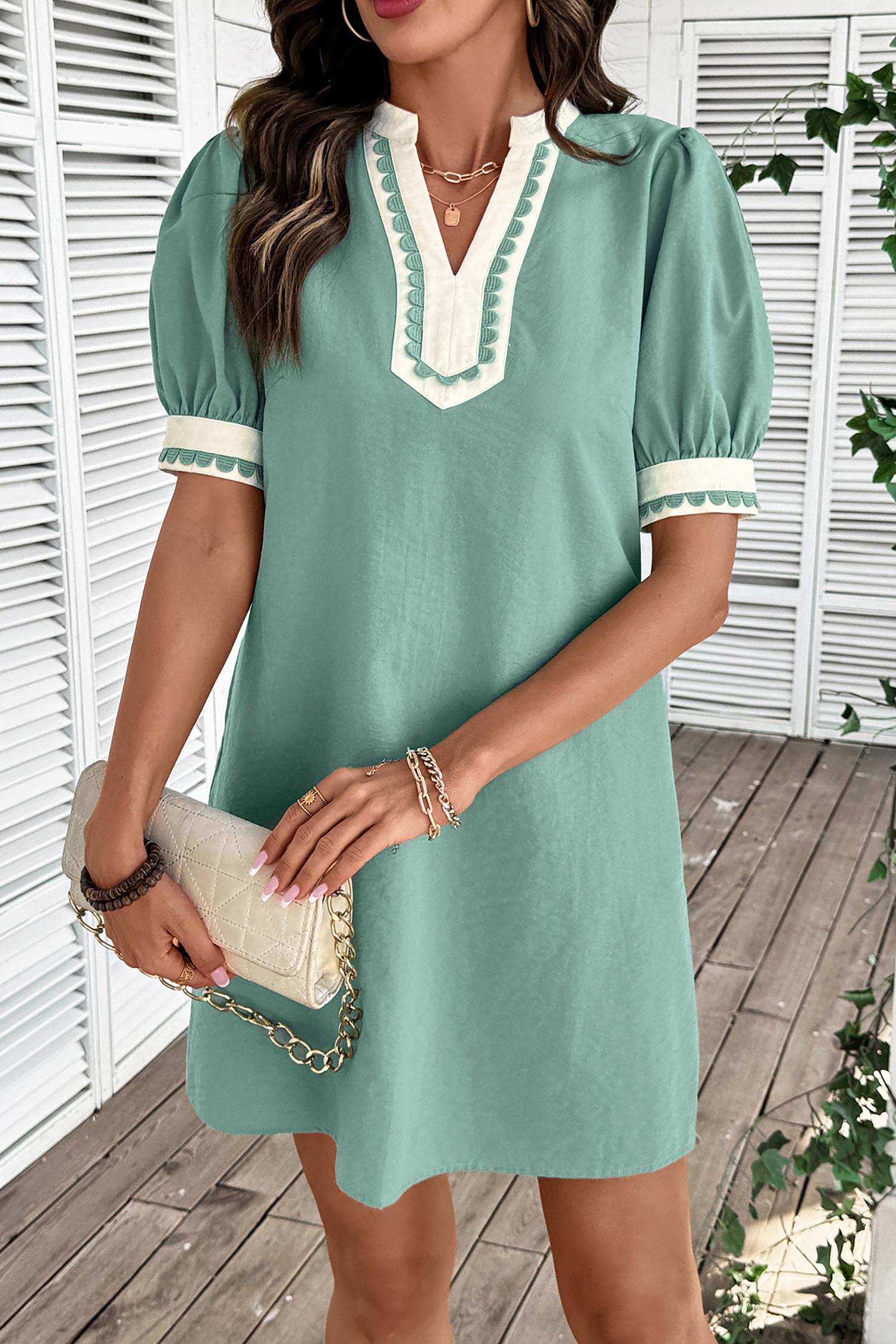 Women's Puff Sleeve Mini Dress – V Neck Color Block Shift Dress with Scallop Trim for Summer Daily Wear - Detail View 16 Women's Puff Sleeve Mini Dress – V Neck Color Block Shift Dress with Scallop Trim for Summer Daily Wear - Detail View 16