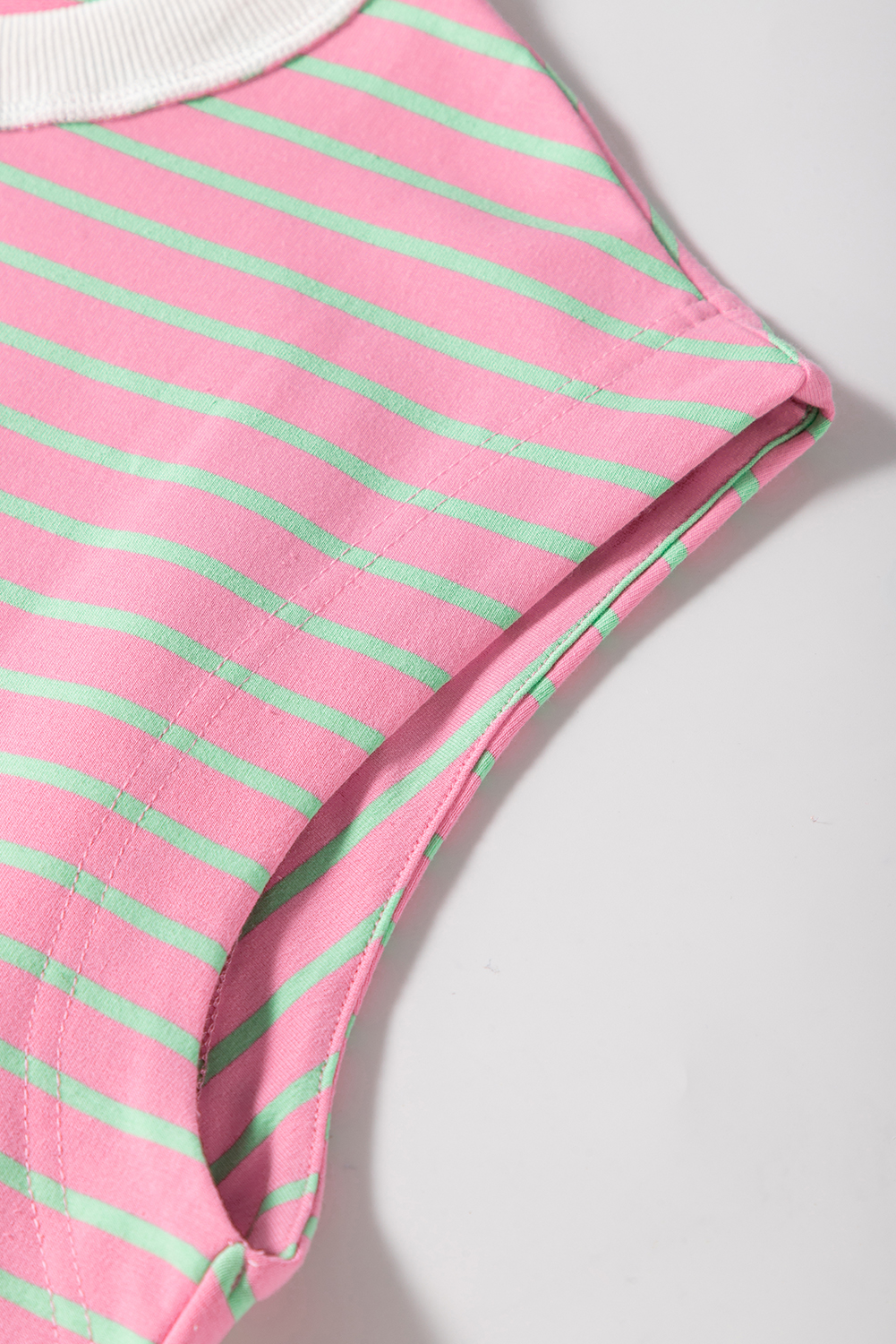 Women's Sachet Pink Striped Crew Neck Cap Sleeve T-Shirt - Casual Summer Style - Detail View 9 Women's Sachet Pink Striped Crew Neck Cap Sleeve T-Shirt - Casual Summer Style - Detail View 9