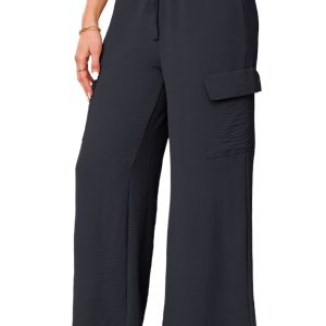 Women's Black Drawstring Frilled Waist Wide Leg Utility Trousers with Cargo Pockets - Main View
