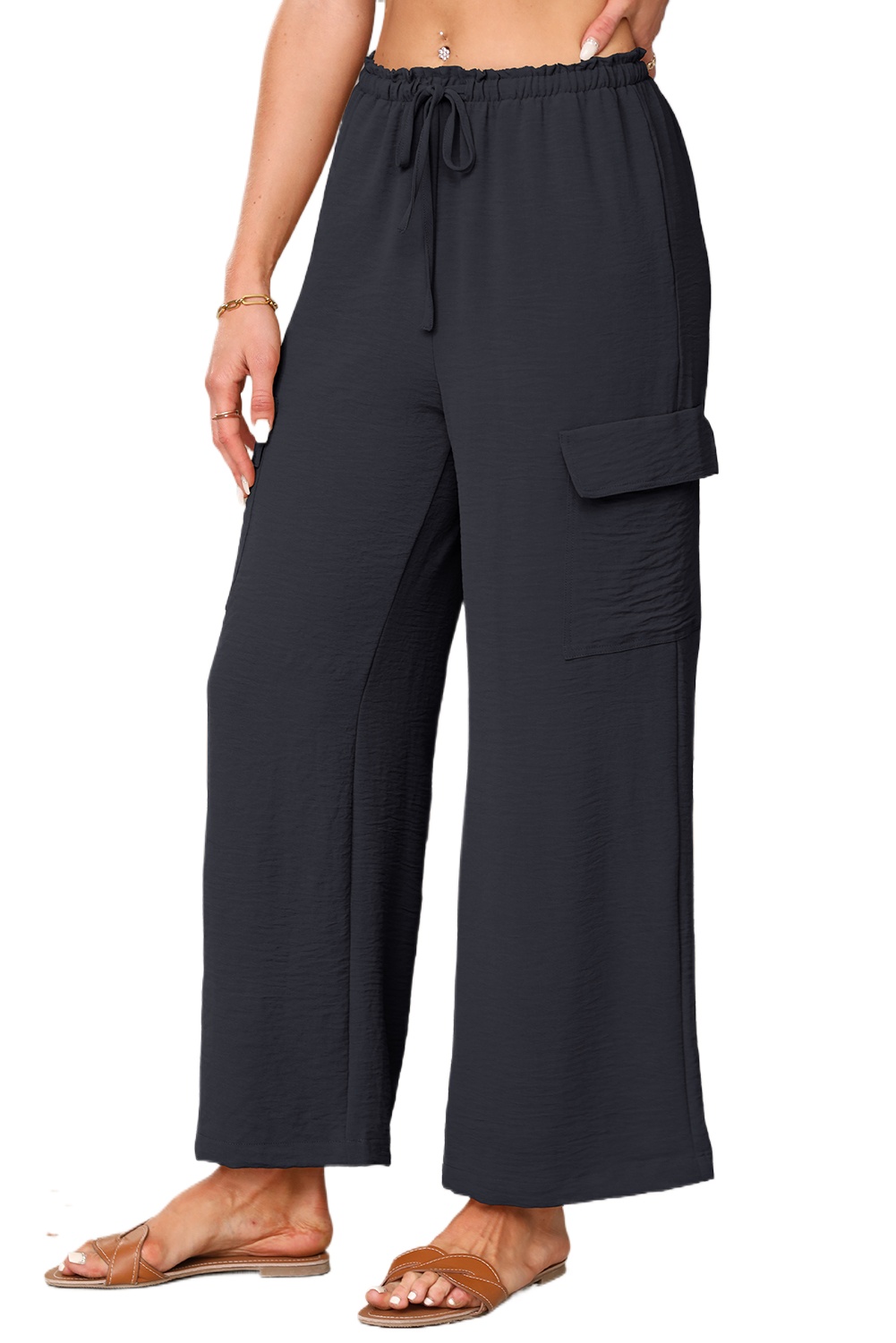 Women's Black Drawstring Frilled Waist Wide Leg Utility Trousers with Cargo Pockets - Main View Women's Black Drawstring Frilled Waist Wide Leg Utility Trousers with Cargo Pockets - Main View