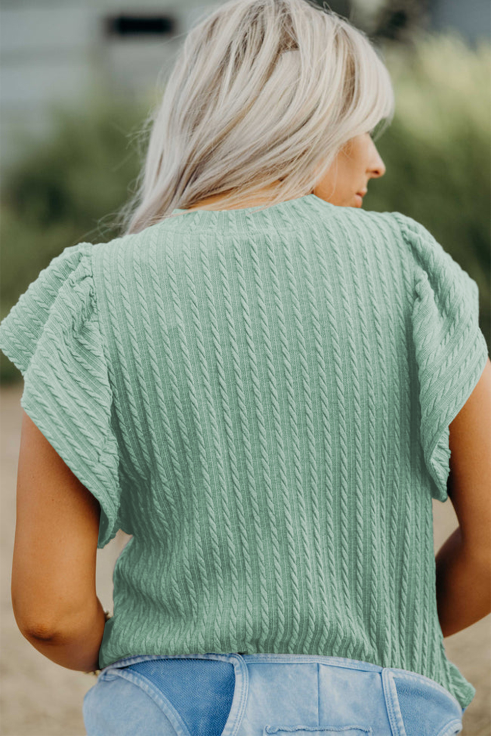 Stylish Round Neck Solid Color Top with Delicate Flutter Sleeves for Daily Wear - Detail View 2 Stylish Round Neck Solid Color Top with Delicate Flutter Sleeves for Daily Wear - Detail View 2